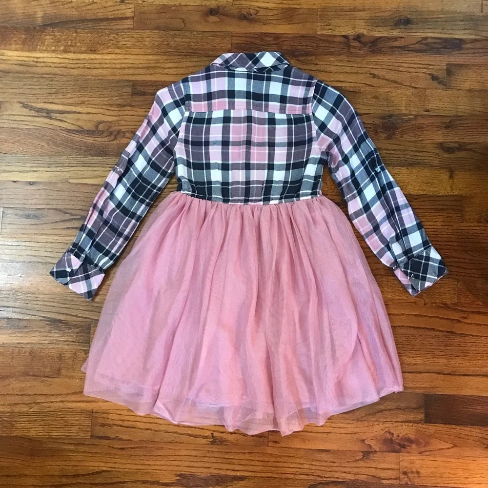Girls Justice Pink / Black Plaid & Tulle Dress Size Medium 7 / 8 100% Polyester